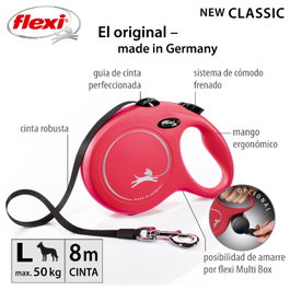 Flexi New Classic Correa Extensible de Cinta Roja de 8m para hasta 50kg