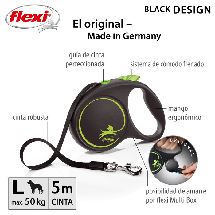 Flexi FLEXI BLACK DESIGN Correa extensible de cinta 5m Verde L Flexi FLEXI BLACK DESIGN Correa extensible de cinta 5m Verde L