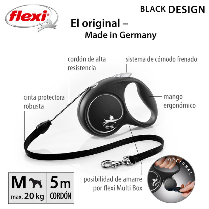 Flexi Black Design Negro con Cordón de 5m Talla M para hasta 20kg Flexi Black Design Negro con Cordón de 5m Talla M para hasta 20kg