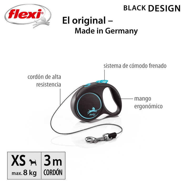 Flexi Black Design Correa Extensible de Cordón 3m Azul XS hasta 8kg
