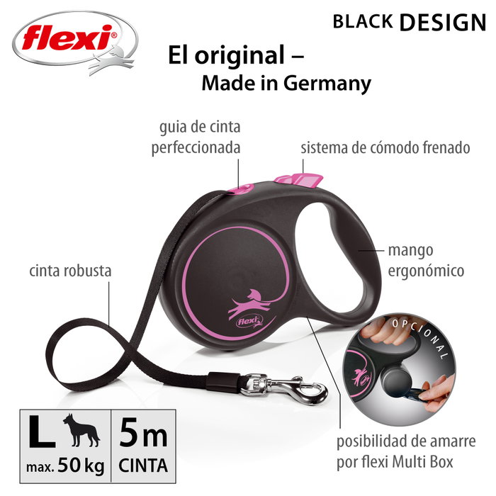Flexi Black Design Rosa con Cinta de 5m Talla L hasta 50kg