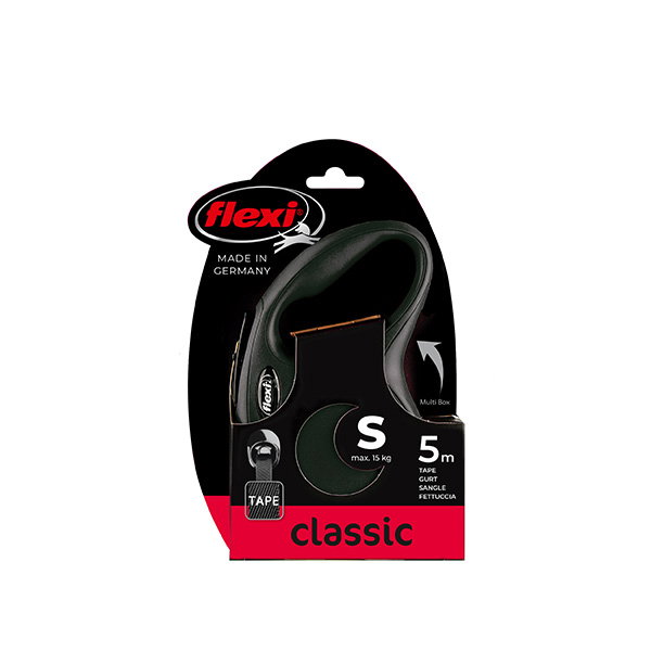 Flexi Classic Correa Extensible de Cinta, Negra, 5 m, Talla S Flexi Classic Correa Extensible de Cinta, Negra, 5 m, Talla S
