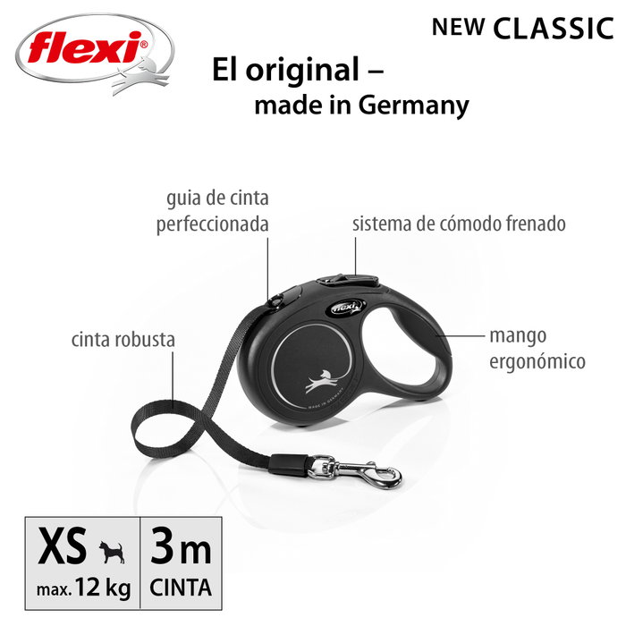 Flexi Classic Correa Extensible de Cinta 3m XS Negro hasta 12kg Flexi Classic Correa Extensible de Cinta 3m XS Negro hasta 12kg