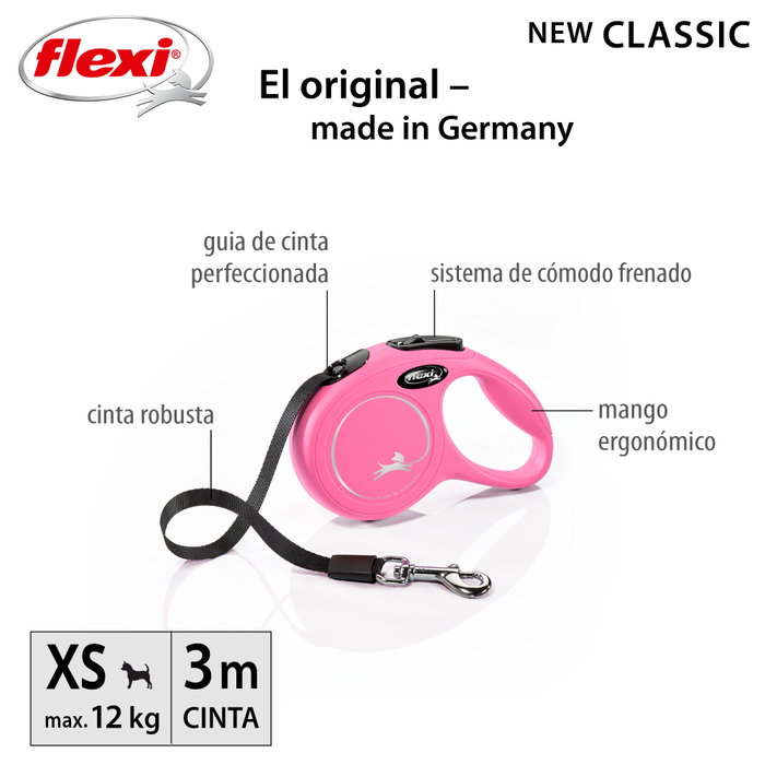 Flexi New Classic Correa Extensible de Cinta Rosa 3m XS hasta 12kg