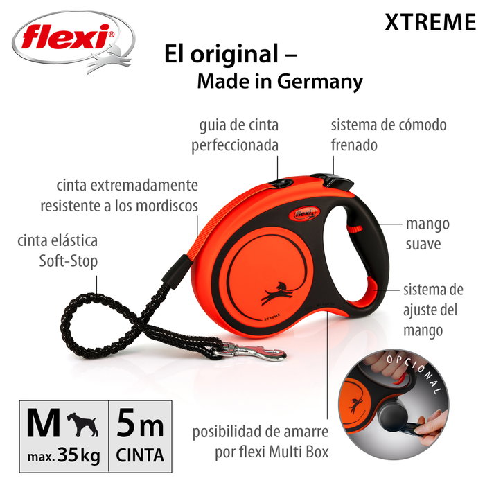 Flexi Xtreme Correa extensible con cinta de 5m, naranja, talla M