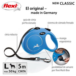 Flexi Classic Correa Extensible de Cinta 5m Azul Talla L hasta 50kg