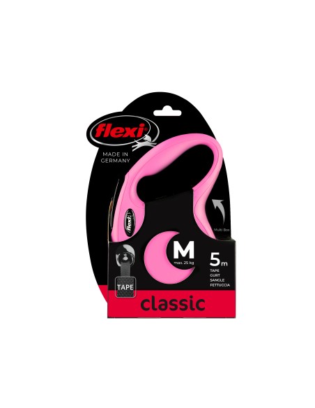 Flexi Classic Cinta de Paseo Rosa, Extensión 5 M, Carga 25 kg, Extensible con Multi Box y LED, Diseño Ergonómico, Hecho en Alemania