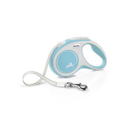 Flexi - Correa New Comfort Cinta 5 m para Perros hasta 15 kg, Sistema de Iluminación LED, Disponible en Cordón o Cinta, Ideal para Paseos con Control, Frenos y Multi Box, Azul Claro