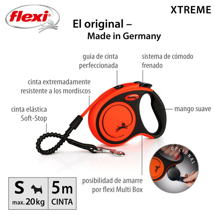 Flexi Xtreme Correa Extensible Naranja Talla S con Cinta de 5m Flexi Xtreme Correa Extensible Naranja Talla S con Cinta de 5m