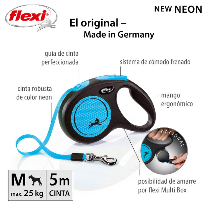 Flexi Correa de Cinta Neon Azul 5m para Perros hasta 25kg Flexi Correa de Cinta Neon Azul 5m para Perros hasta 25kg
