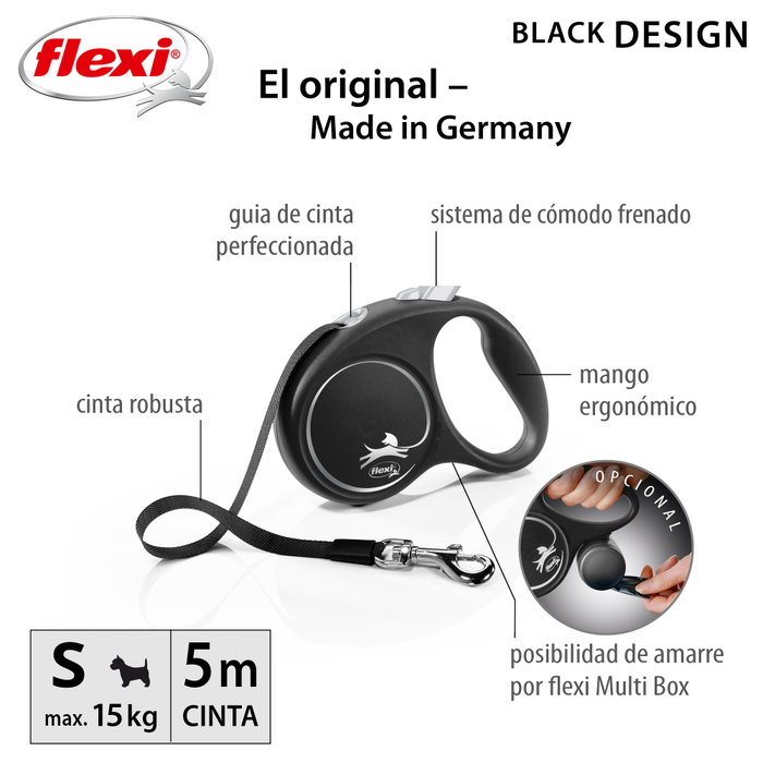 Flexi Black Design Correa extensible de cinta de 5m, Talla S, Negro