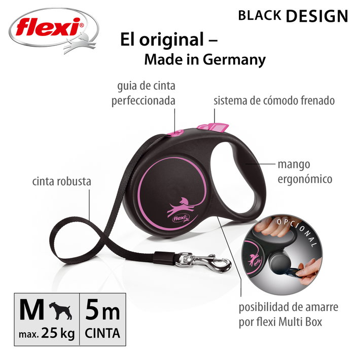 Flexi Black Design Rosa con Cinta de 5m Talla M para hasta 25kg