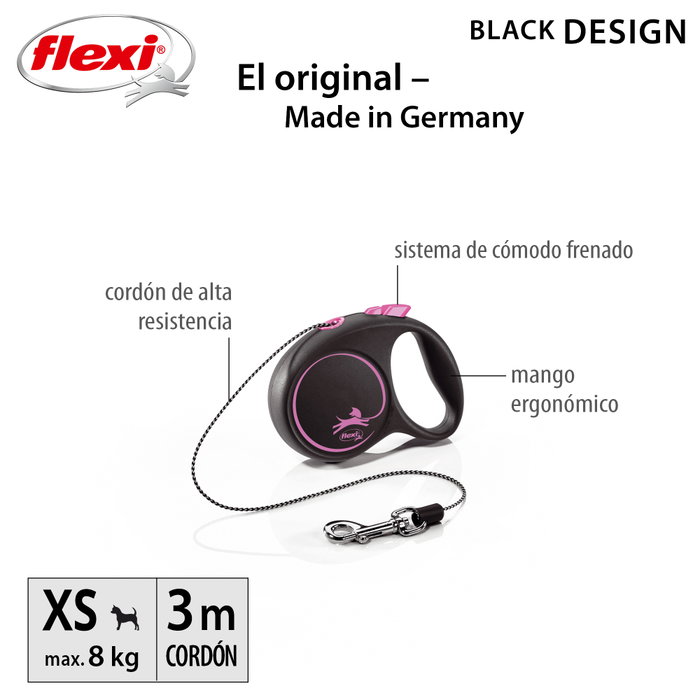 Flexi Black Design Rosa con Cordón 3m Talla XS hasta 8kg