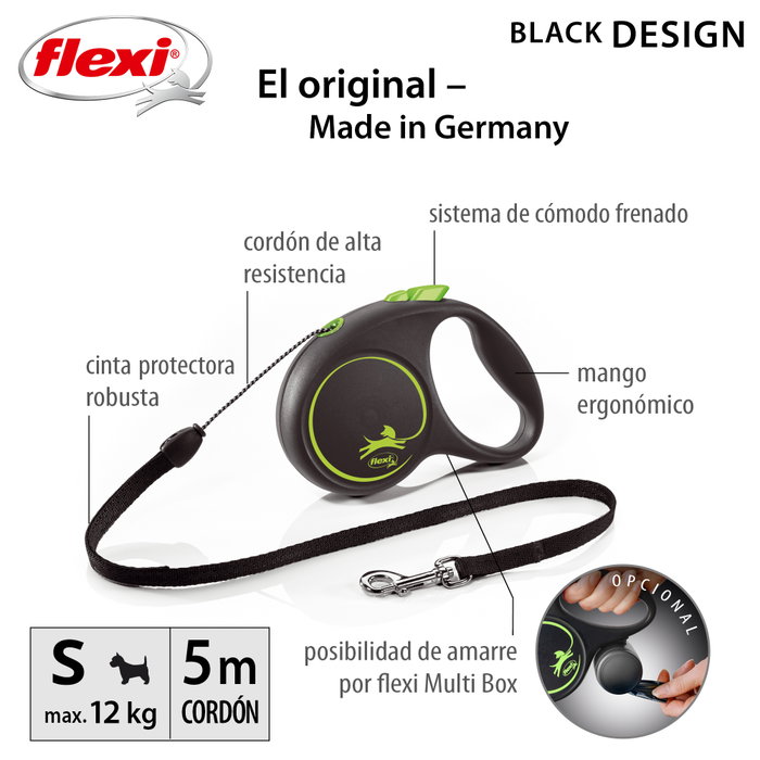 Flexi Black Design Correa Extensible de Cordón, 5m, Verde, hasta 12kg Flexi Black Design Correa Extensible de Cordón, 5m, Verde, hasta 12kg