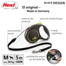 Flexi Black Design Correa Extensible de 5m Verde para hasta 20kg