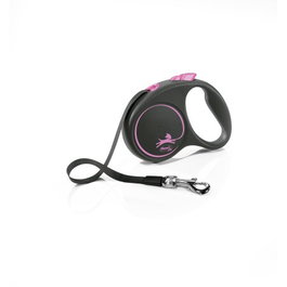 Flexi Correa de Cinta Flexible 5m Negra con Guía Rosa, Hasta 15 kg, Expandible, Compatible con LED