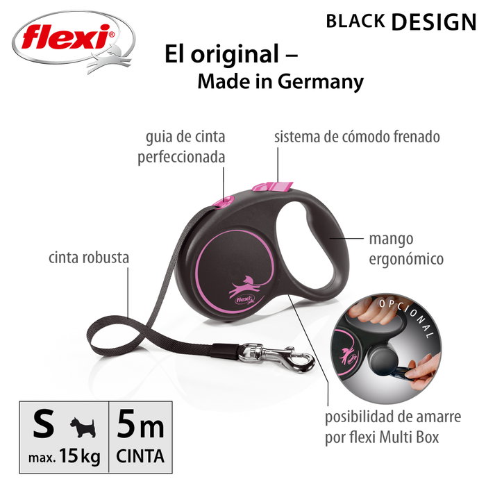 Flexi Black Design Correa Extensible de Cinta, 5m, Rosa, Talla S