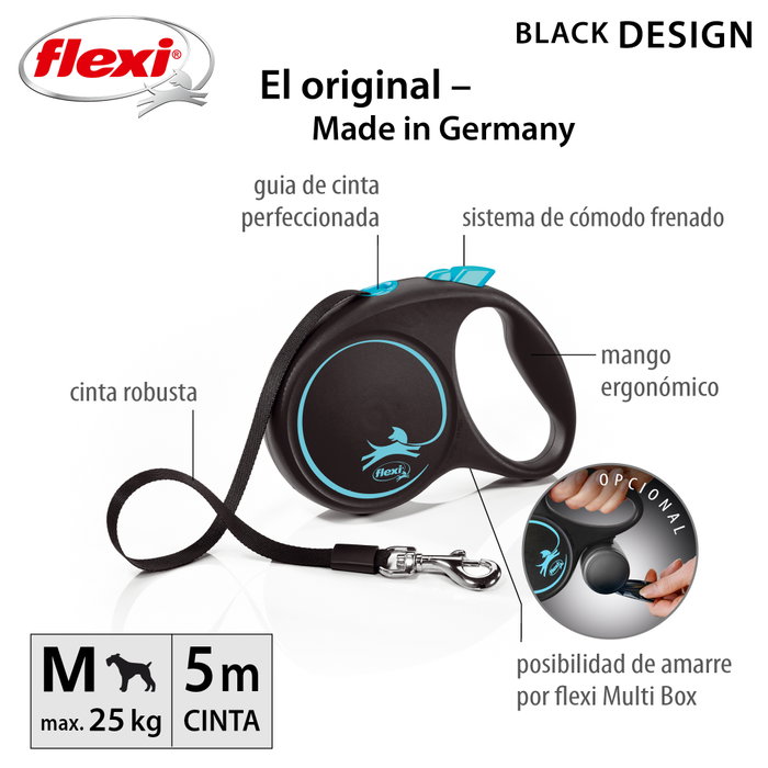 Flexi Black Design Correa Extensible con Cinta Azul, 5m, Talla M