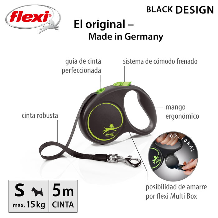 Flexi FLEXI BLACK DESIGN Correa extensible de cinta 5m Verde