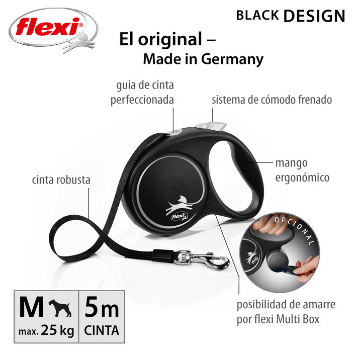 Flexi Black Design Correa Extensible con Cinta de 5m, Negra, Talla M