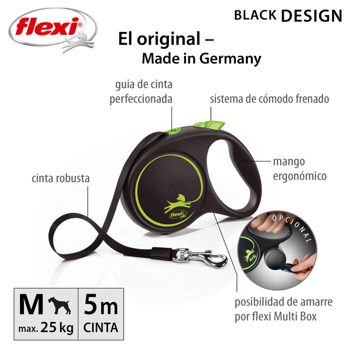 Flexi FLEXI BLACK DESIGN Correa extensible de cinta, 5m, Verde, hasta 25kg Flexi FLEXI BLACK DESIGN Correa extensible de cinta, 5m, Verde, hasta 25kg