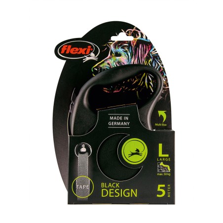 Flexi - Correa de Cinta 5 Metros Negro, 50 kg de Capacidad, Sistema Guía para Extensión Sin Atascos, Compatible Multi Box e Iluminación LED