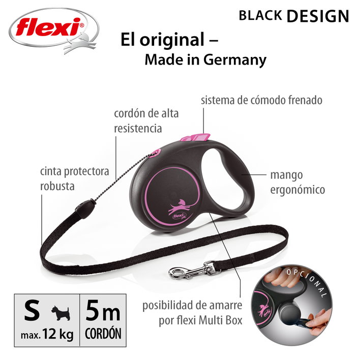 Flexi Black Design Correa Extensible Rosa con Cordón de 5m Talla S hasta 12kg