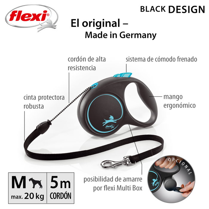 Flexi Black Design Azul con Cordón de 5m Talla M hasta 20kg Flexi Black Design Azul con Cordón de 5m Talla M hasta 20kg