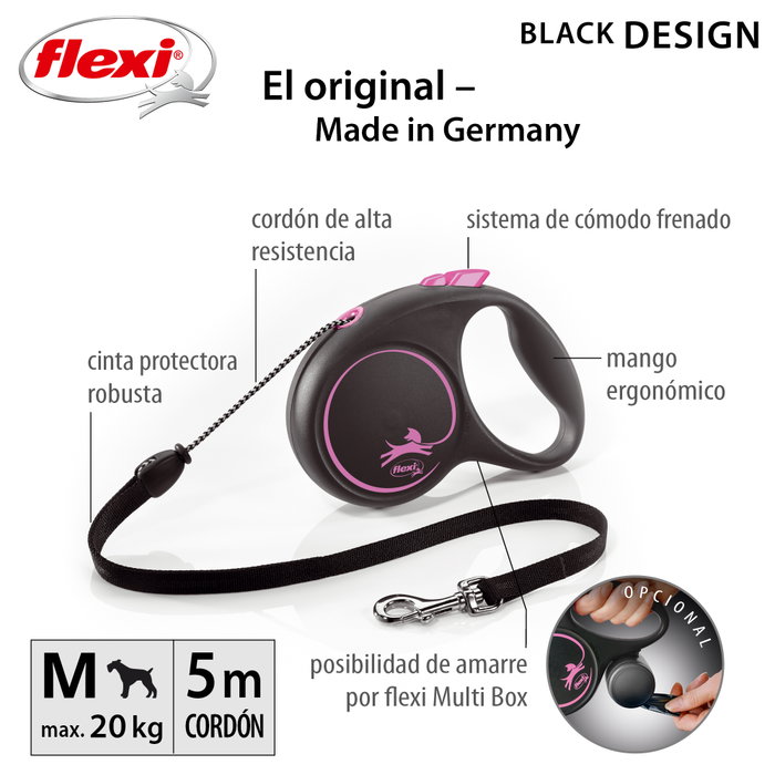 Flexi Black Design Rosa con Cordón 5m Talla M hasta 20kg Flexi Black Design Rosa con Cordón 5m Talla M hasta 20kg