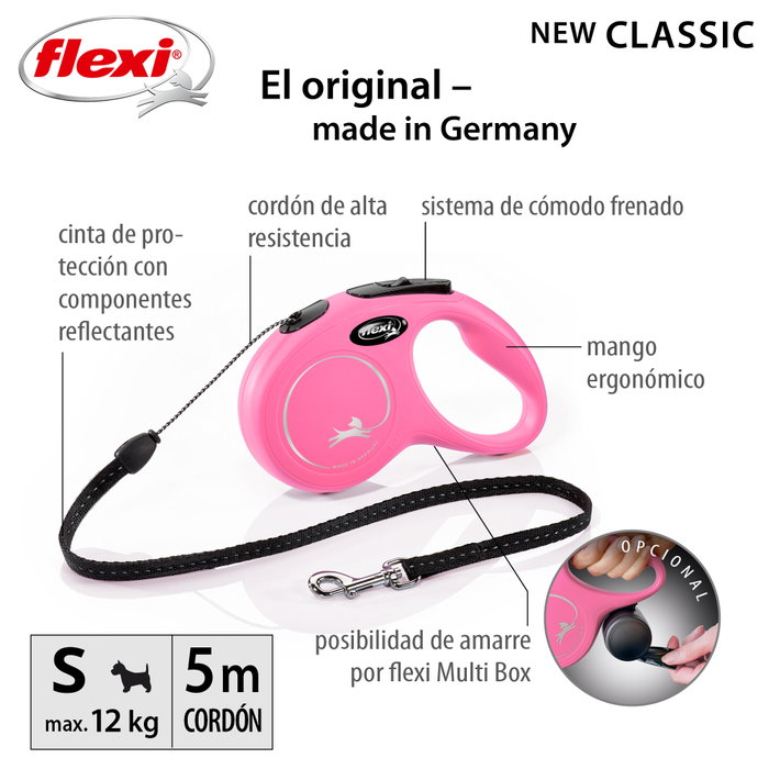 Flexi Classic Correa Extensible de Cordón, 5m, Rosa, Talla S hasta 12kg