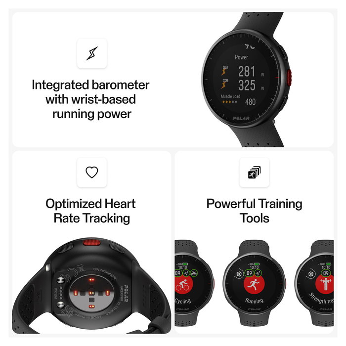 Polar Pacer Pro S/L Reloj Deportivo GPS Unisex, Pantalla MIP 1.2", 32 GB, Resistente al Agua 50 m, Negro Gris, 45 mm