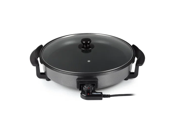 Tristar PZ-2964 Sartén Eléctrica de 1500W, 40cm, 280°C Máx., Acero Inoxidable Antiadherente con Tapa Transparente y Cable Extraíble - Ideal para Cocinar y Acamadas