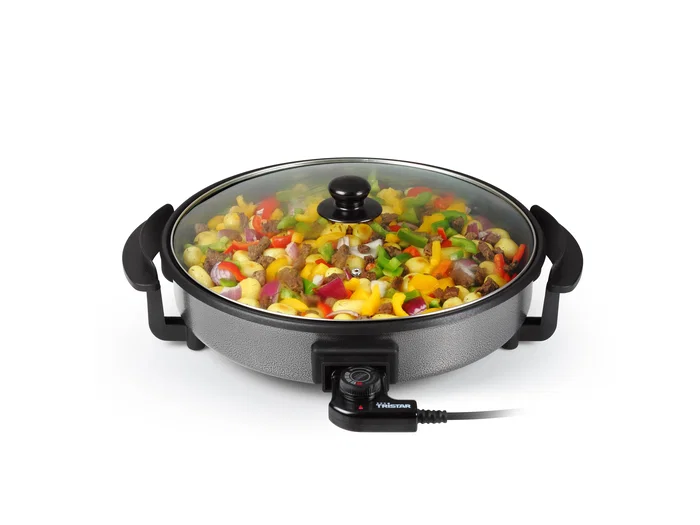 Tristar PZ-2964 Sartén Eléctrica de 1500W, 40cm, 280°C Máx., Acero Inoxidable Antiadherente con Tapa Transparente y Cable Extraíble - Ideal para Cocinar y Acamadas