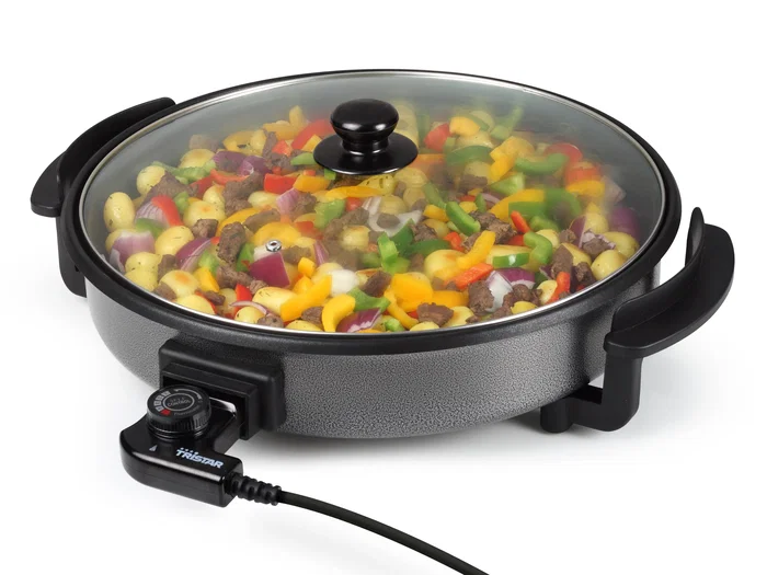Tristar PZ-2964 Sartén Eléctrica de 1500W, 40cm, 280°C Máx., Acero Inoxidable Antiadherente con Tapa Transparente y Cable Extraíble - Ideal para Cocinar y Acamadas