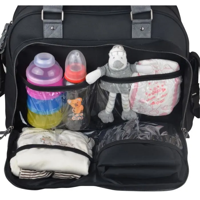 Bebé a bordo - bolsa para cambiar pañales - bolsa urbana clásica negra - 2 compartimentos con gran apertura con cremallera - 7 bolsillos - bolsa para almuerzo - tapete