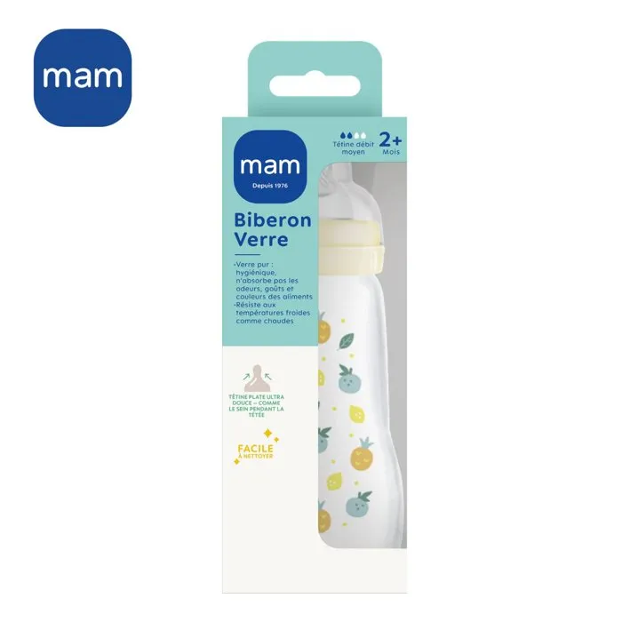 Mam Biberón de Vidrio 260 ml - 0 a 6 Meses - Tetina Flow 2 - Blanco