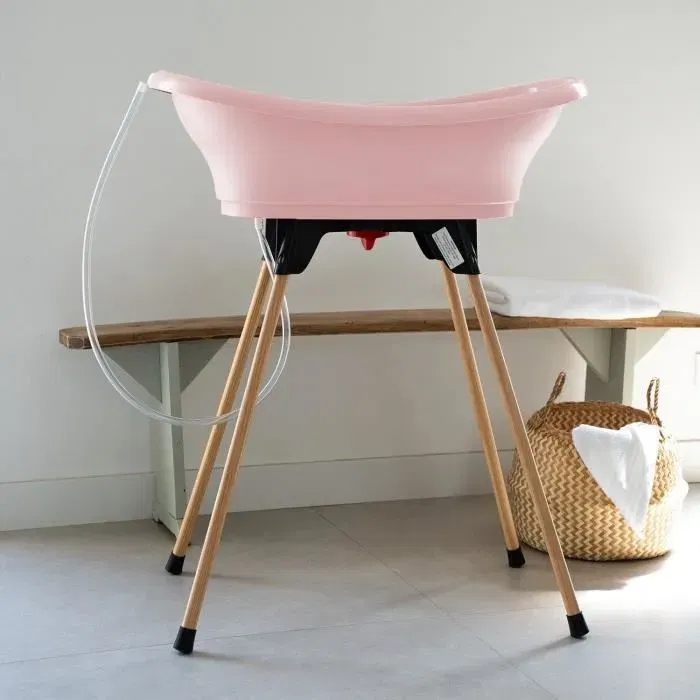 Thermobaby Bañera Vasco - Rosa Empolvado para Bebé con Borde Redondeado para un Lavado Seguro