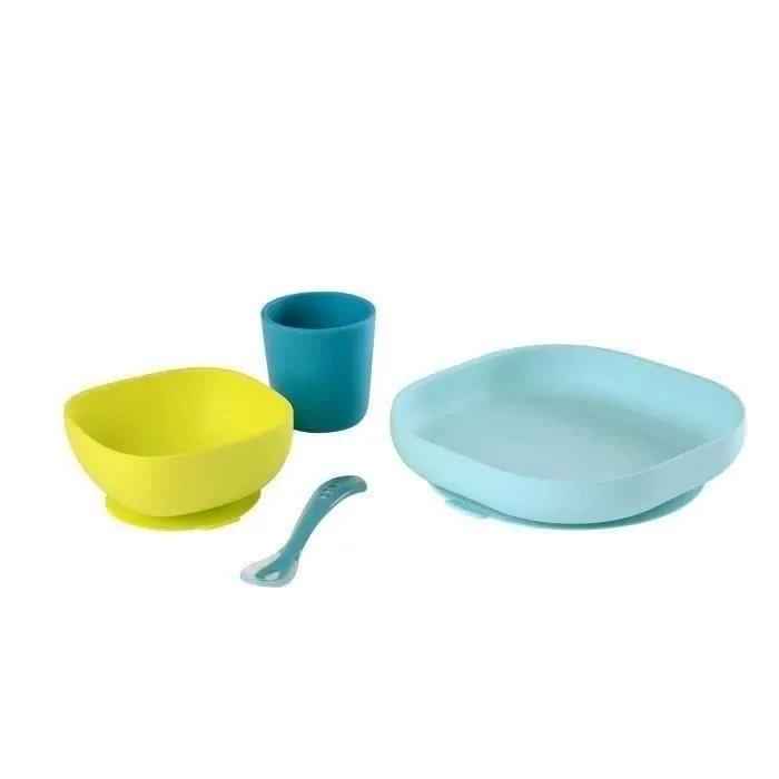 Beaba - Juego de vajilla de silicona de 4 piezas con ventosa, plato, bol, vaso y cuchara para segunda edad, azul