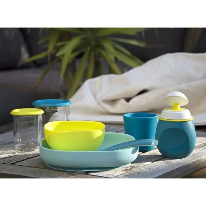 Beaba - Juego de vajilla de silicona de 4 piezas con ventosa, plato, bol, vaso y cuchara para segunda edad, azul