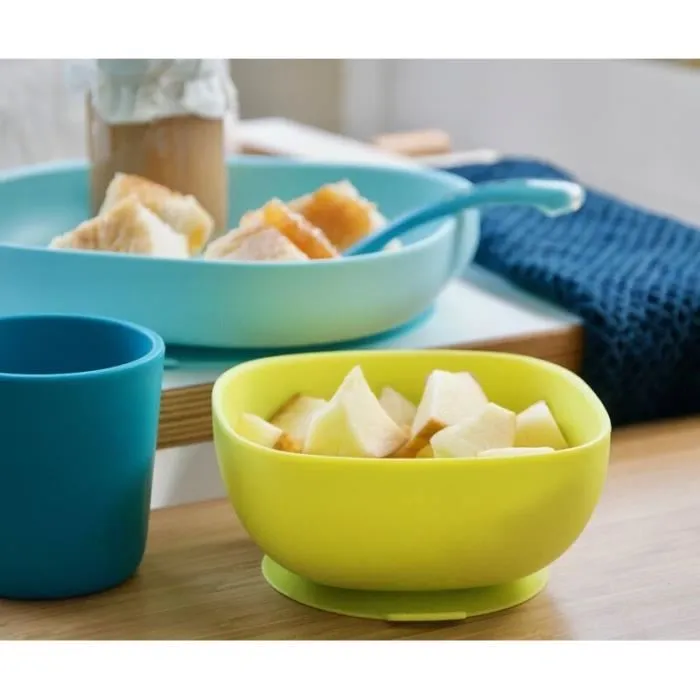 Beaba - Juego de vajilla de silicona de 4 piezas con ventosa, plato, bol, vaso y cuchara para segunda edad, azul
