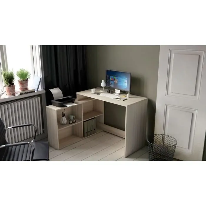 NAGANO Escritorio de Esquina Moderno con Decoración de Roble Shannon - 4 Nichos, Fabricación Francesa - L 112 x P 101 x H 77 cm