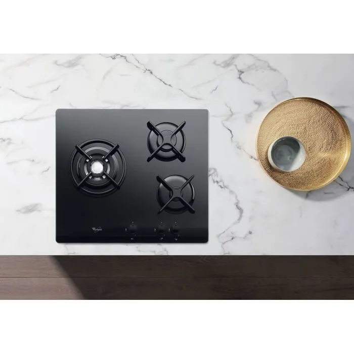 Whirlpool AKT404NB Cocina de Gas con 3 Quemadores y 6350W de Potencia, Revestimiento de Vidrio Templado Negro Whirlpool AKT404NB Cocina de Gas con 3 Quemadores y 6350W de Potencia, Revestimiento de Vidrio Templado Negro