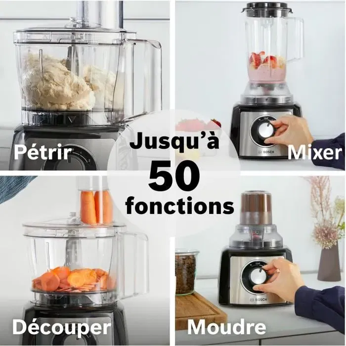 Bosch MCM3501M Robot Multifunción Multi Talento 800W, Tazón 2.3L, Mini Picador, Molinillo y Discos Rallar/Picar Negro/Inox