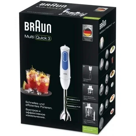 Braun Batidora de mano MQ3045WH con 2 picadores, tecnología PowerBell Plus y Splash Control - Blanco y azul