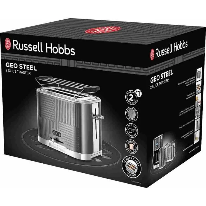 Russell Hobbs 25250-56 Geo Steel Tostadora 4 Funciones Temperatura Ajustable Calentador Pinzas Acero Inoxidable