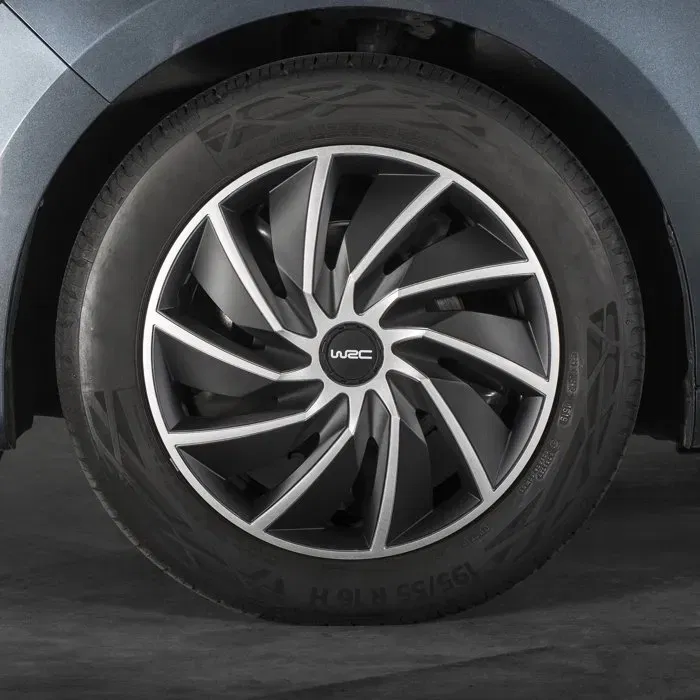 WRC Juego 4 Tapacubos Bi-Color 14 Pulgadas Negro Mate Gris Plateado ABS Diseño Deportivo Turbo