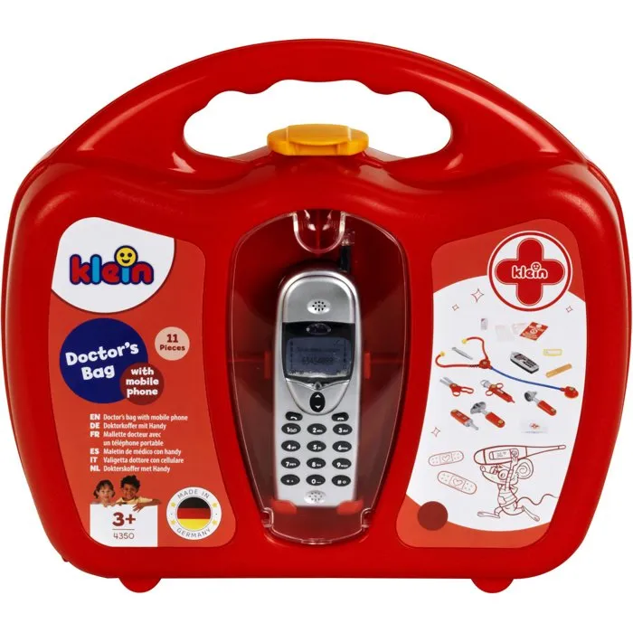 Klein Estuche Médico para Niño con Teléfono Móvil y Accesorios, Incluye Tijeras, Martillo, Pinzas, Jeringas, Estetoscopio, Monitor de Presión y Termómetro, Edad 3+