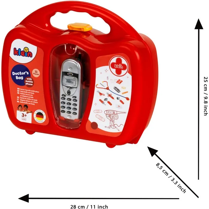 Klein Estuche Médico para Niño con Teléfono Móvil y Accesorios, Incluye Tijeras, Martillo, Pinzas, Jeringas, Estetoscopio, Monitor de Presión y Termómetro, Edad 3+