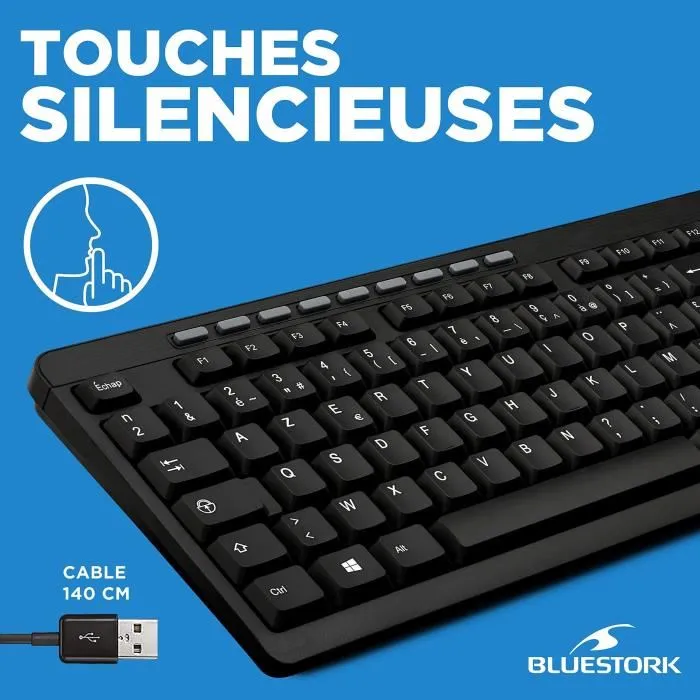 Bluestork Paquete Teclado y Mouse con Cable Óptico, Teclado Multimedia Plug and Play, Compatible con Windows