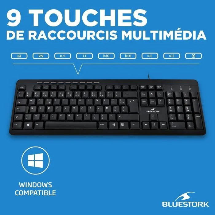 Bluestork Paquete Teclado y Mouse con Cable Óptico, Teclado Multimedia Plug and Play, Compatible con Windows